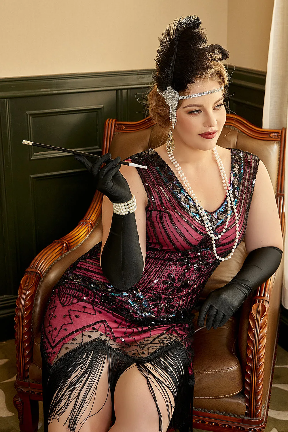 Plus Size V-Neck Fuchisa 1920s Flapper Dress sold by Zapaka product image thumbnail 3