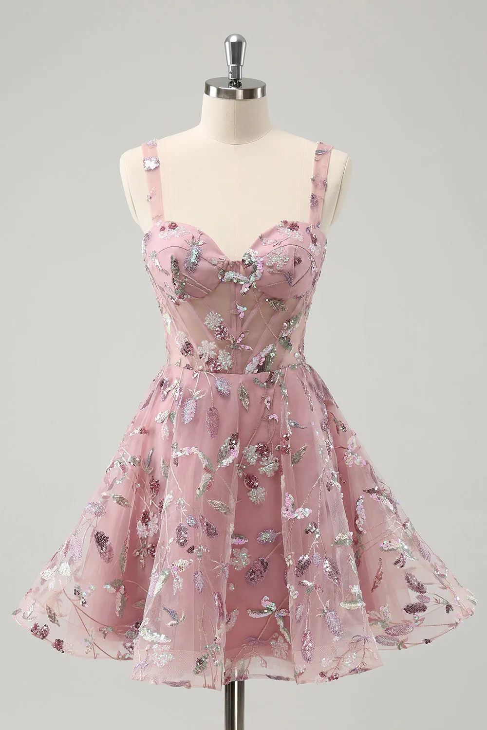 Blush A-Line Spaghetti Straps Short Corset Homecoming Dress with Beading sold by Zapaka