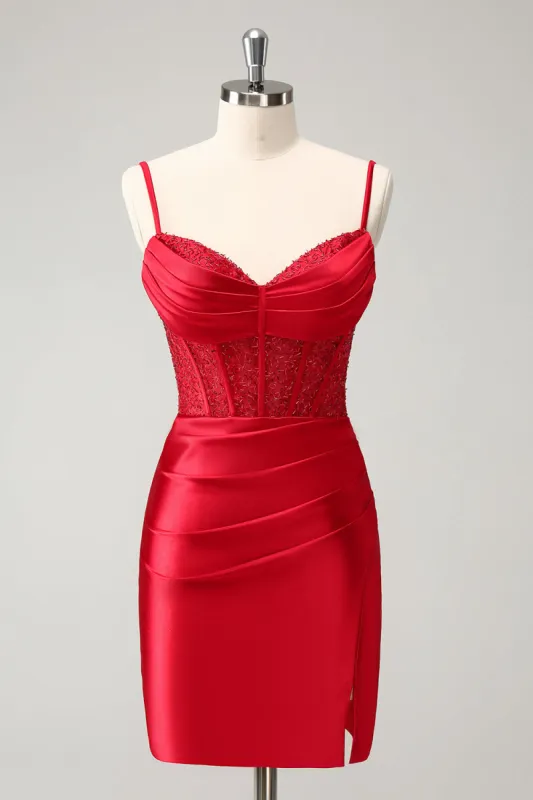 Stylish Red Bodycon Spaghetti Straps Corset Satin Homecoming Dress with Slit sold by Zapaka