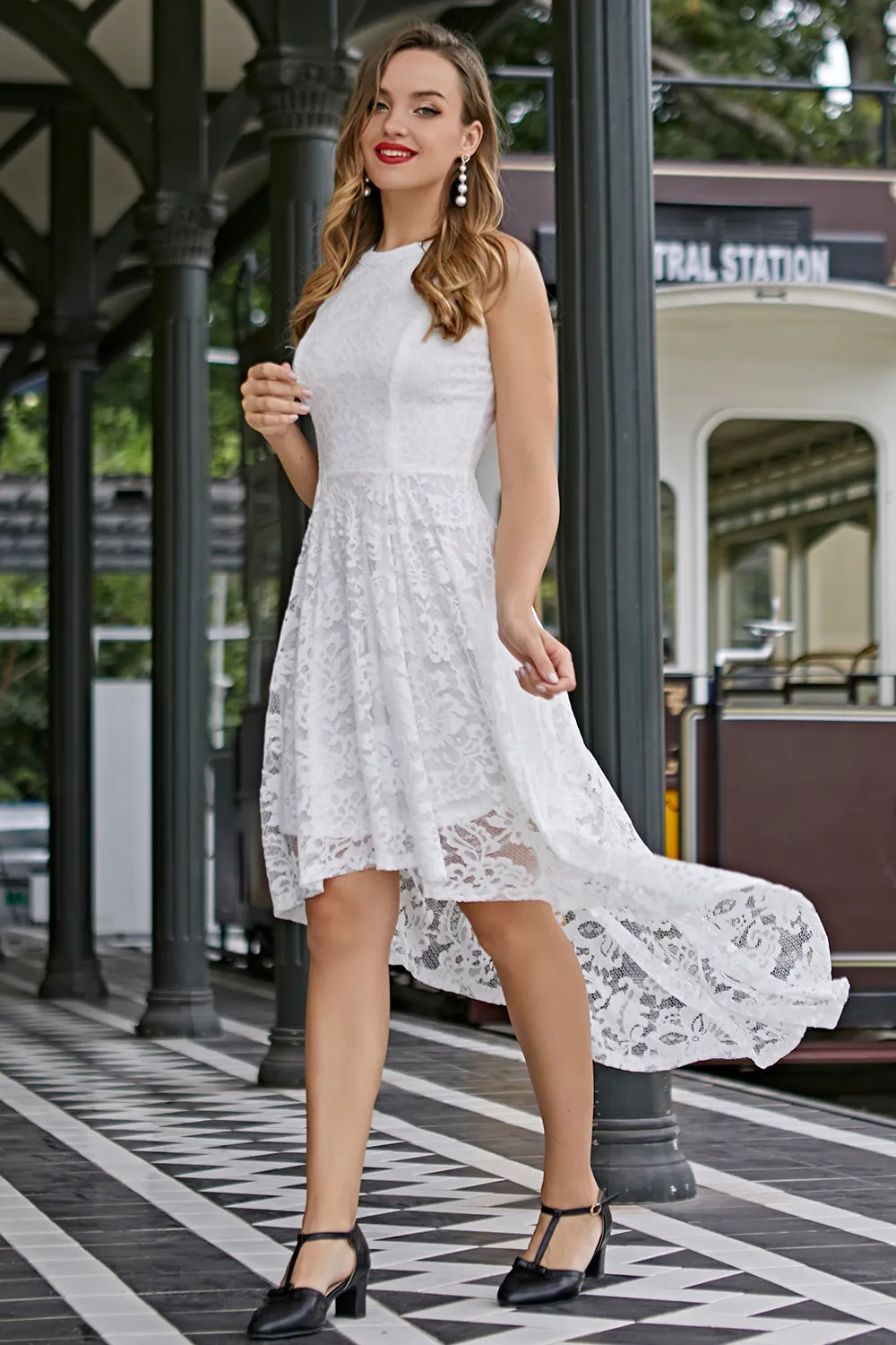 Asymmetric White Lace Dress sold by Zapaka
