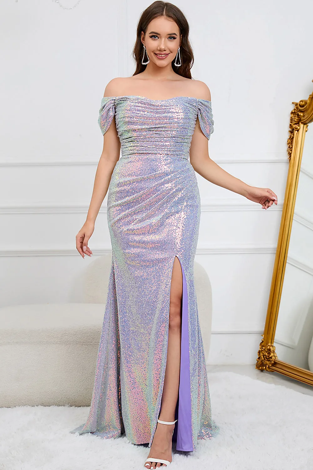 Sparkly Mermaid Off The Shoulder Purple Long Prom Dress with Slit sold by Zapaka product image thumbnail 2