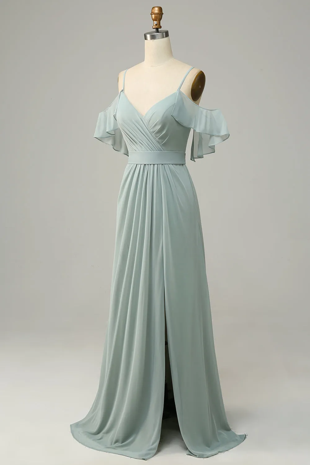 Dusty Sage Cold Shoulder A Line Long Bridesmaid Dress sold by Zapaka product image thumbnail 3