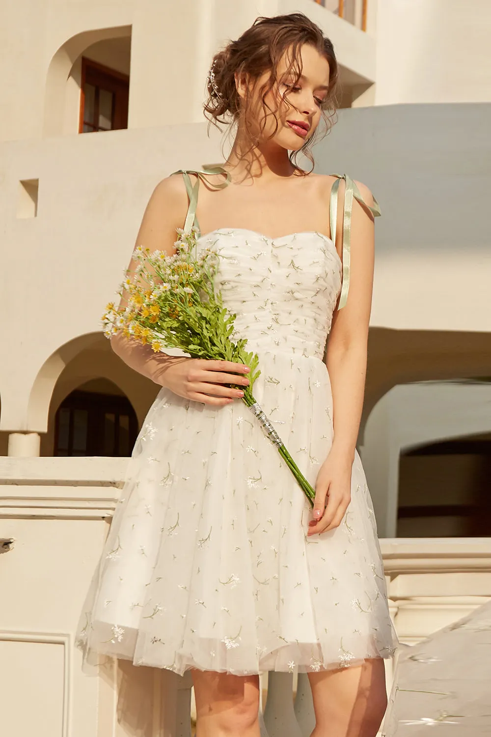 Stylish Spaghetti Straps Short White Dress with Embroidery sold by Zapaka product image thumbnail 4