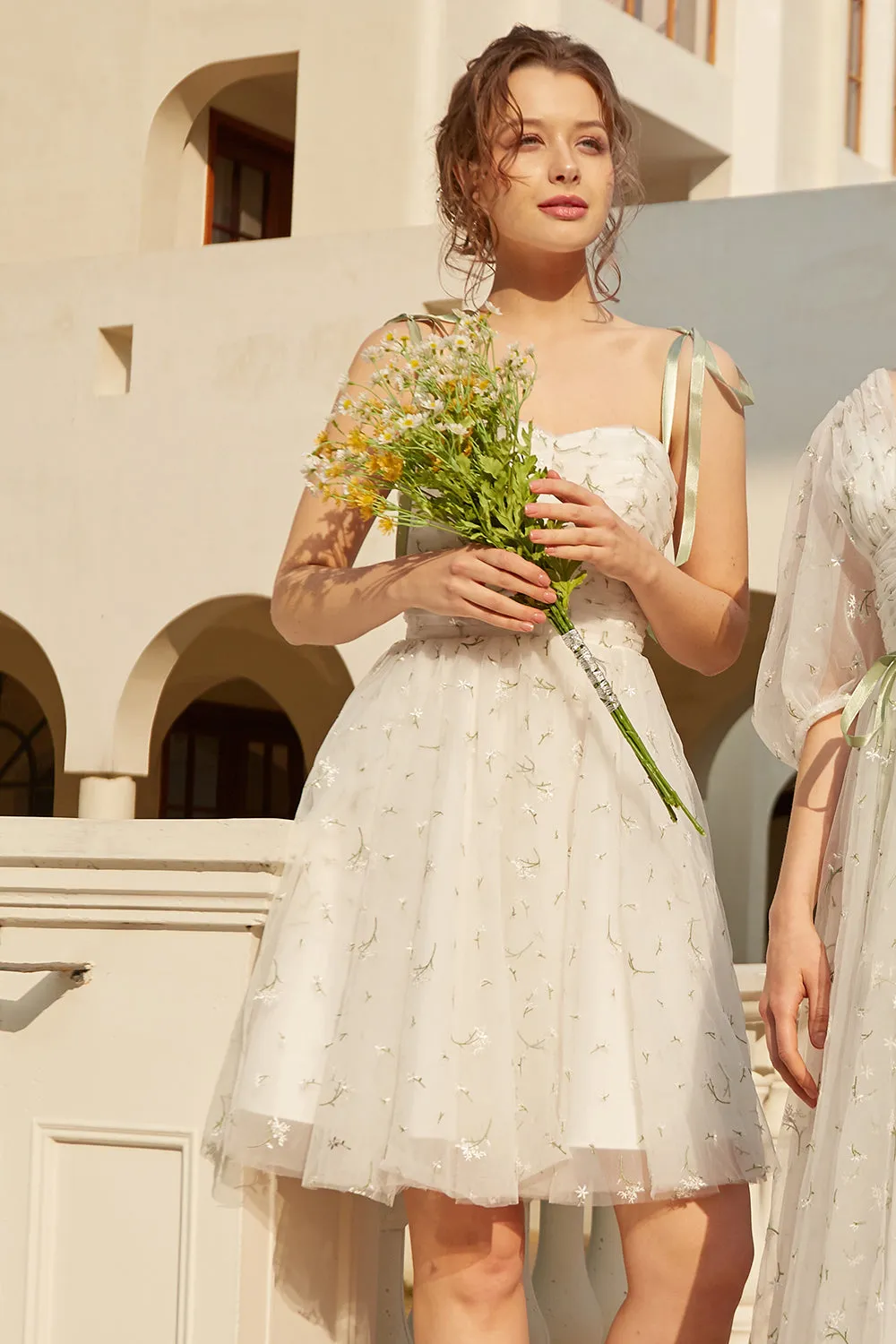 Stylish Spaghetti Straps Short White Dress with Embroidery sold by Zapaka