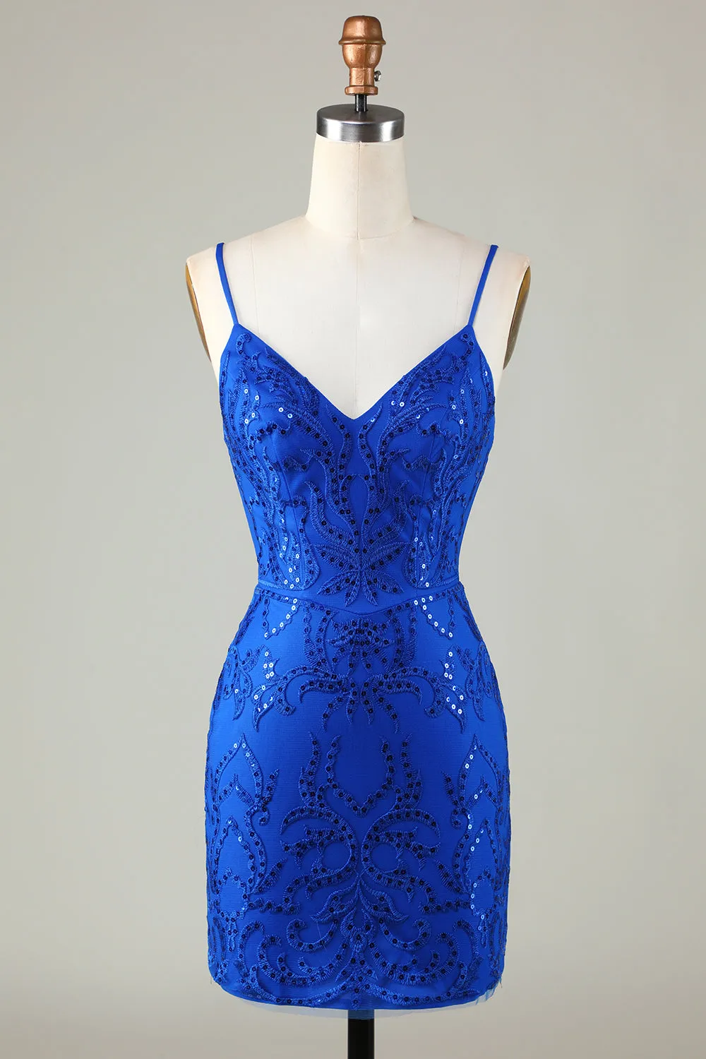 Sparkly Royal Blue Sequins Spaghetti Straps Tight Short Homecoming Dress sold by Zapaka