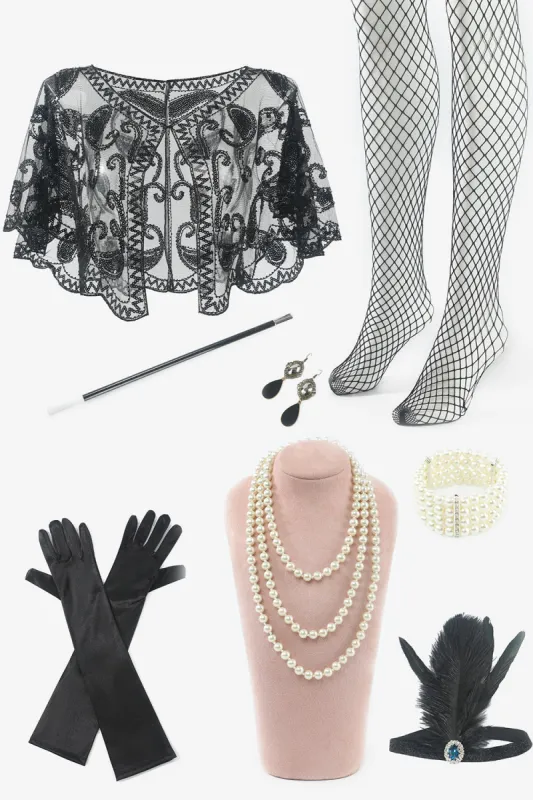 Black Eight Pieces Socks Gloves 1920s Accessories Sets sold by Zapaka