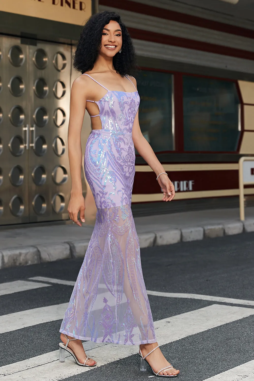 Lilac Sheath Spaghetti Straps Long Prom Dress with Accessory sold by Zapaka product image thumbnail 4