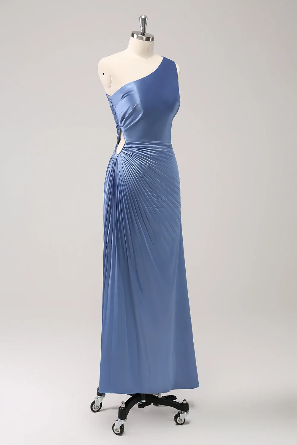 Blue One Shoulder Satin Keyhole Long Bridesmaid Dress sold by Zapaka product image thumbnail 4