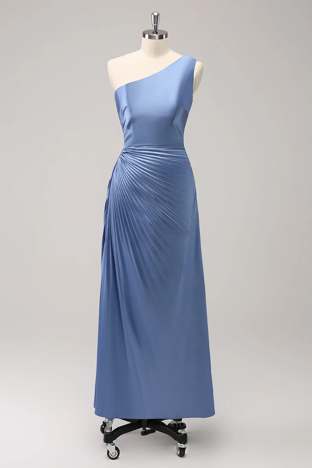 Blue One Shoulder Satin Keyhole Long Bridesmaid Dress sold by Zapaka