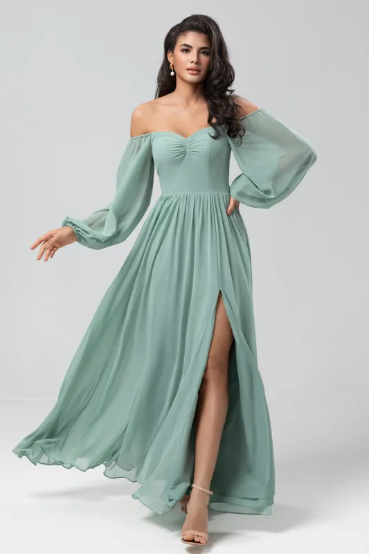 Off the Shoulder Long Sleeves Green Bridemaid Dress with Slit sold by Zapaka