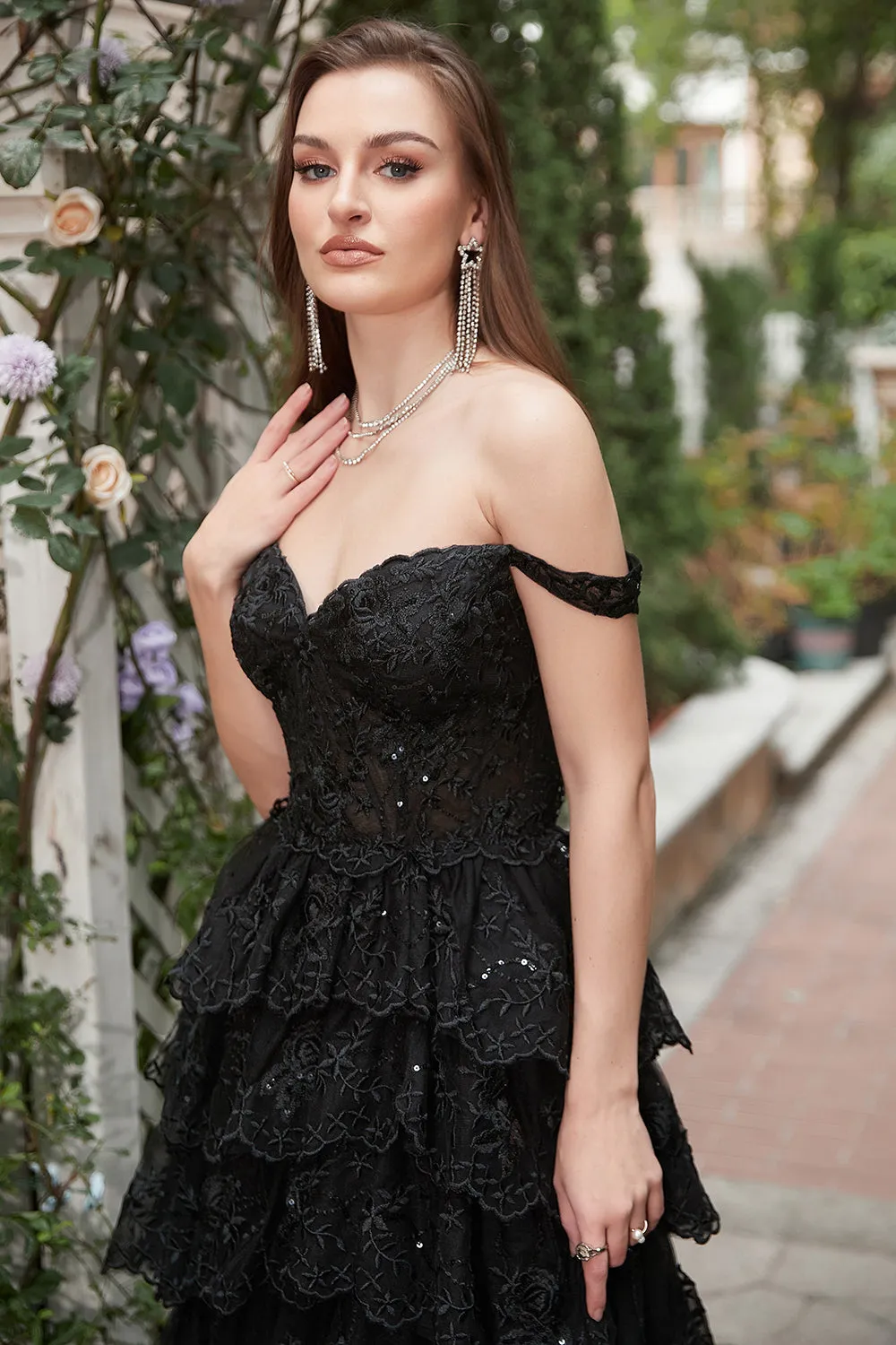Sparkly A Line Long Off The Shoulder Sequin Black Tiered Long Prom Dress with Slit sold by Zapaka product image thumbnail 5