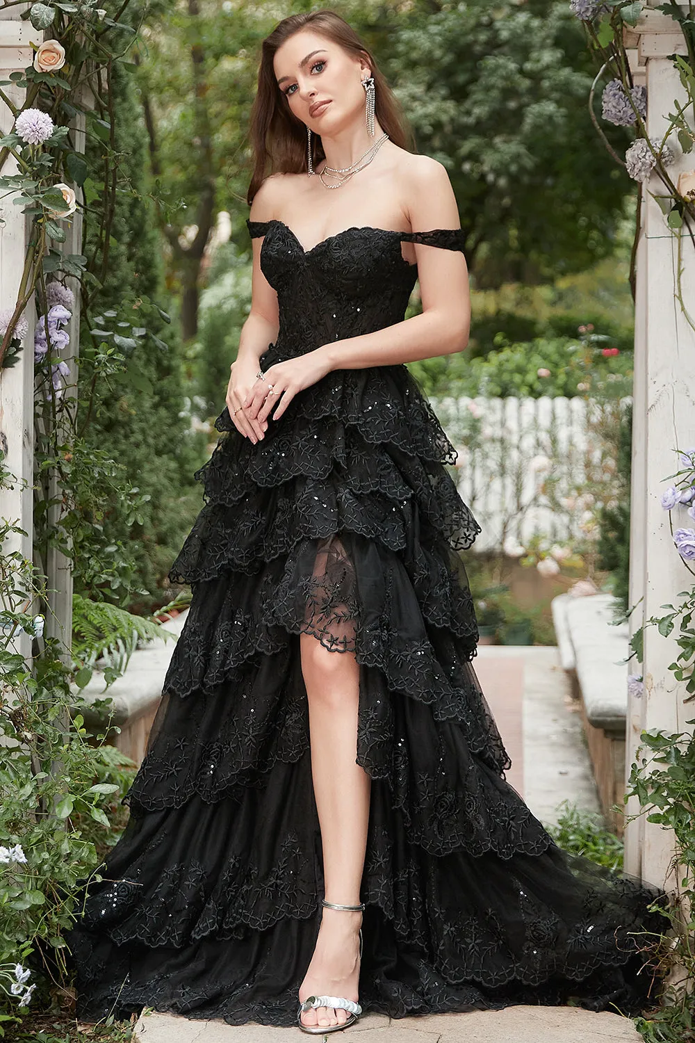Sparkly A Line Long Off The Shoulder Sequin Black Tiered Long Prom Dress with Slit sold by Zapaka product image thumbnail 3