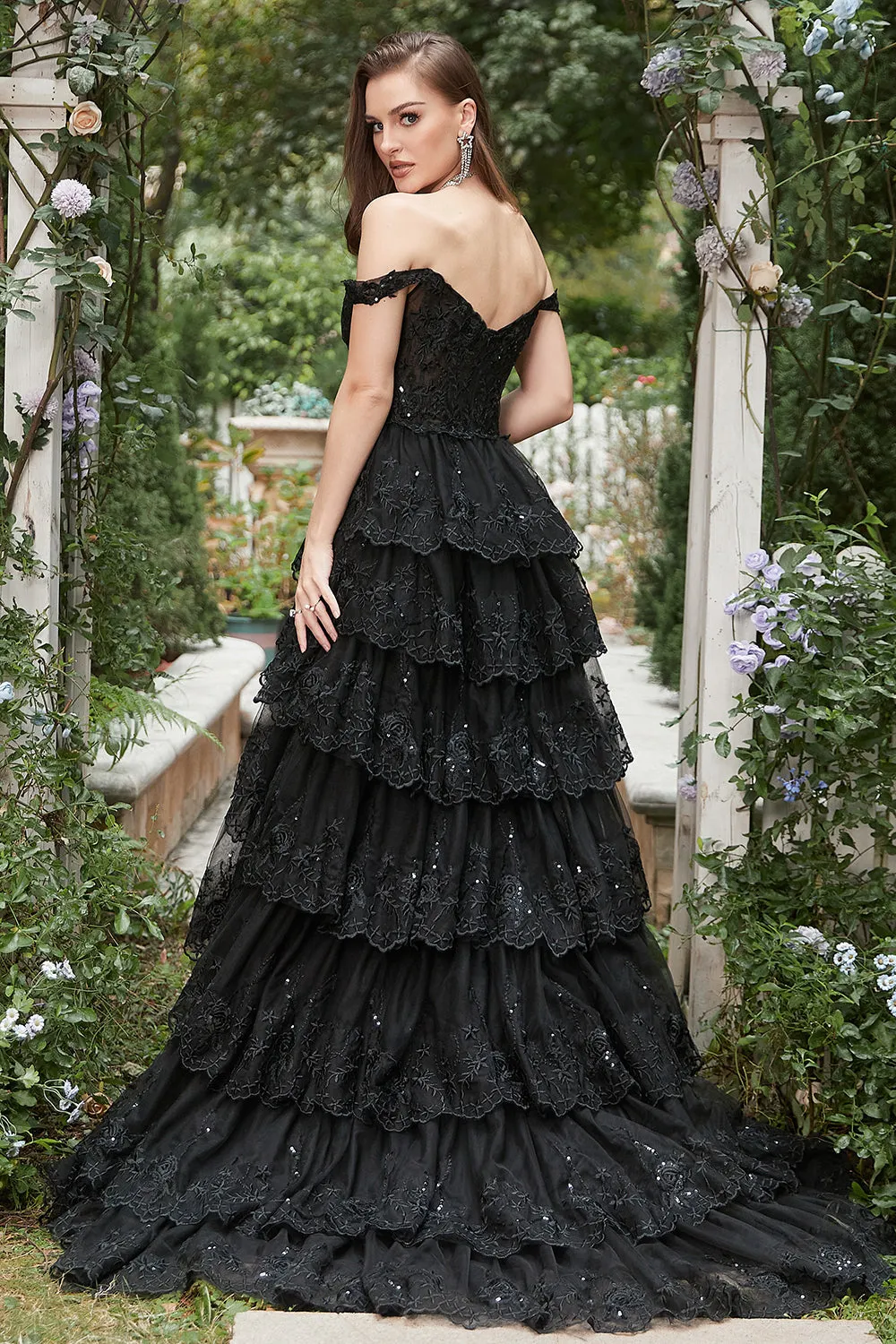 Sparkly A Line Long Off The Shoulder Sequin Black Tiered Long Prom Dress with Slit sold by Zapaka product image thumbnail 2