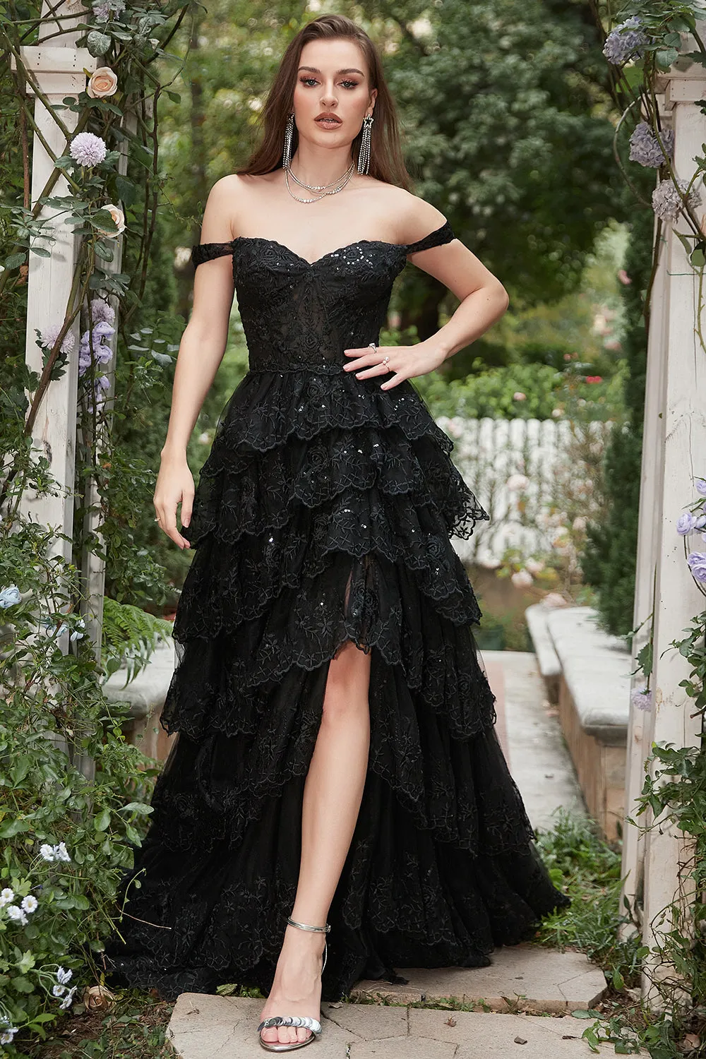 Sparkly A Line Long Off The Shoulder Sequin Black Tiered Long Prom Dress with Slit sold by Zapaka