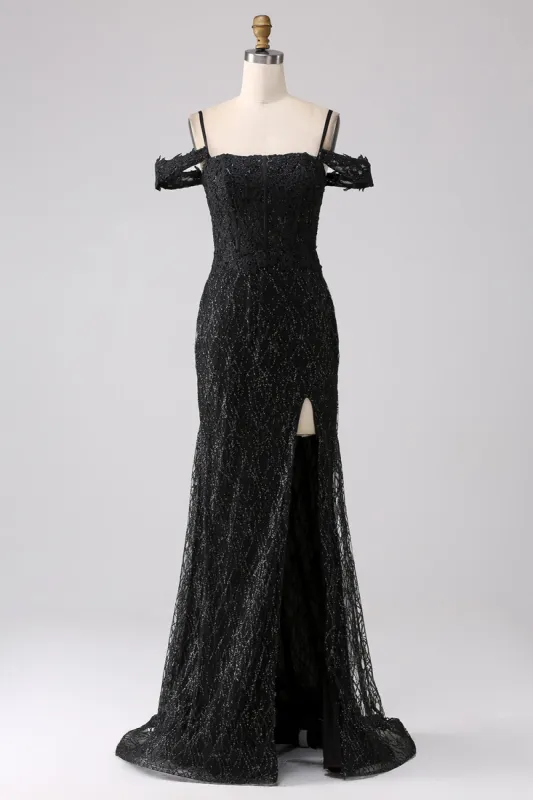 Black Mermaid Cold Shoulder Long Prom Dress with Slit sold by Zapaka