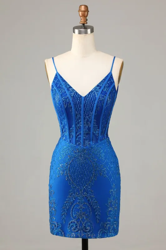 Sparkly Royal Blue Beaded Spaghetti Straps Tight Short Homecoming Dress sold by Zapaka