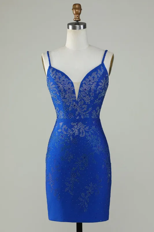 Royal Blue Beaded Spaghetti Straps Bodycon Homecoming Dress sold by Zapaka
