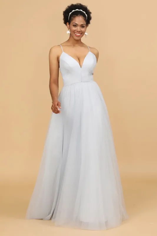 Grey Spaghetti Straps Tulle A-Line Bridesmaid Dress sold by Zapaka