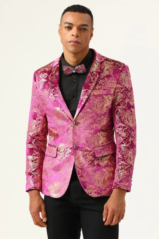 Fuchsia Notched Lapel Jacquard Men's Prom Blazer sold by Zapaka