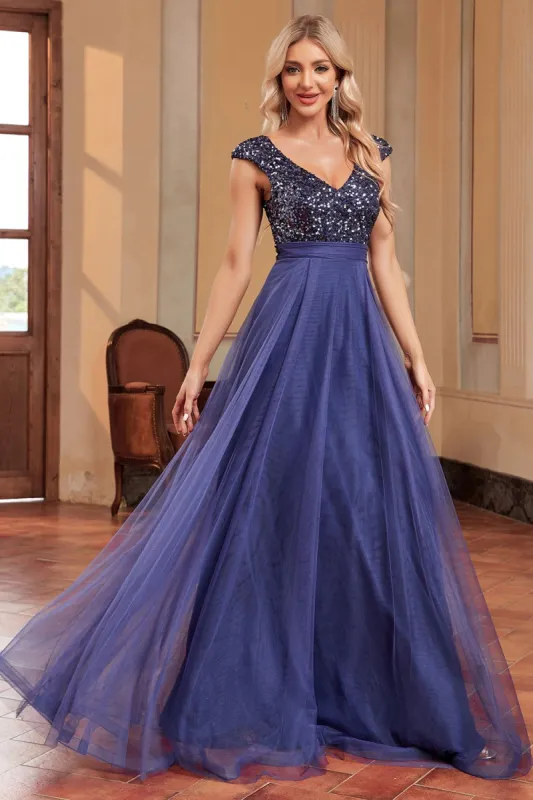 Sparkly A-Line Grey Blue V Neck Long Prom Dress sold by Zapaka
