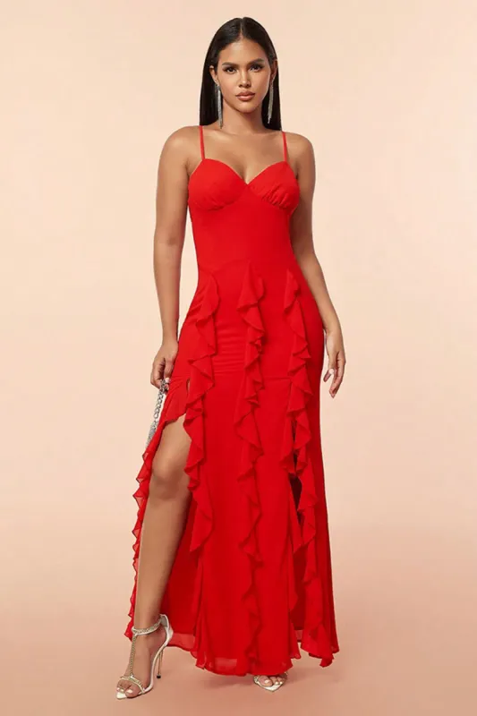 Red Spaghetti Straps Prom Dress with Ruffles sold by Zapaka