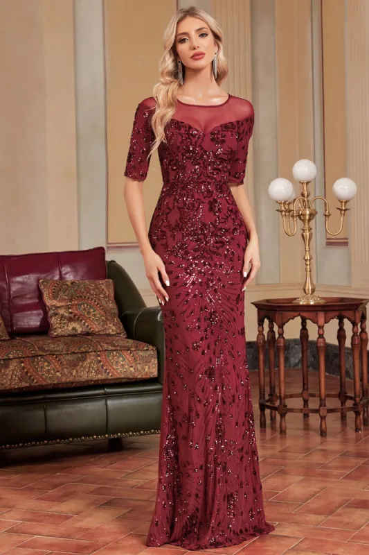 Burgundy Sparkly Formal Dress with Short Sleeves sold by Zapaka