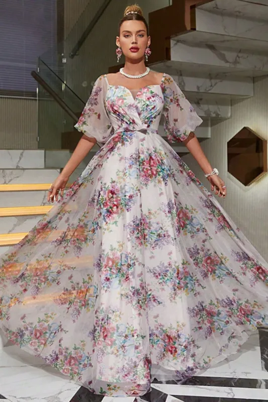 White Printed Puff Sleeves Prom Dress sold by Zapaka
