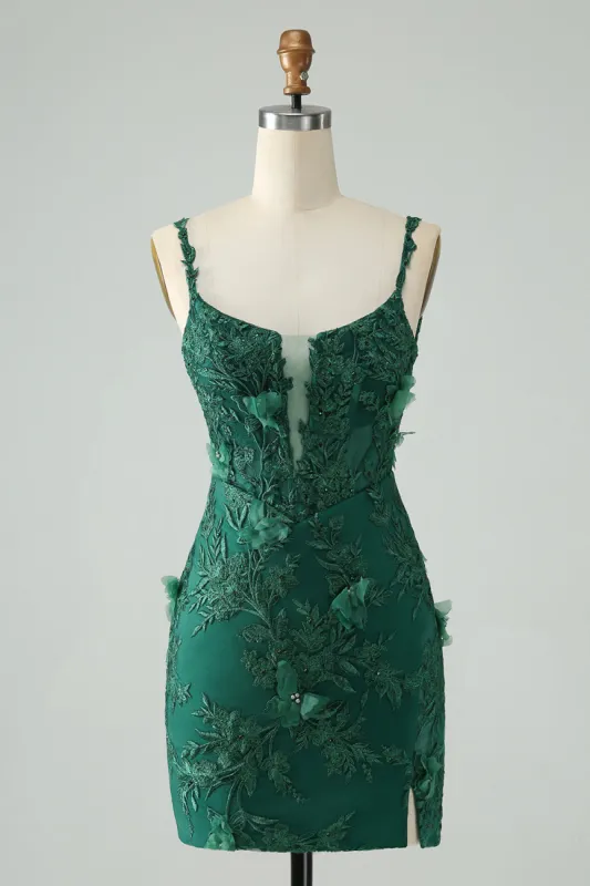 Dark Green Bodycon Spaghetti Straps Short Homecoming Dress with Appliques sold by Zapaka