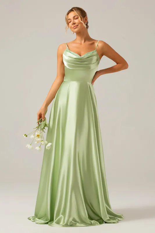 Dusty Sage A Line Cowl Neck Satin Long Bridesmaid Dress with Pleated sold by Zapaka