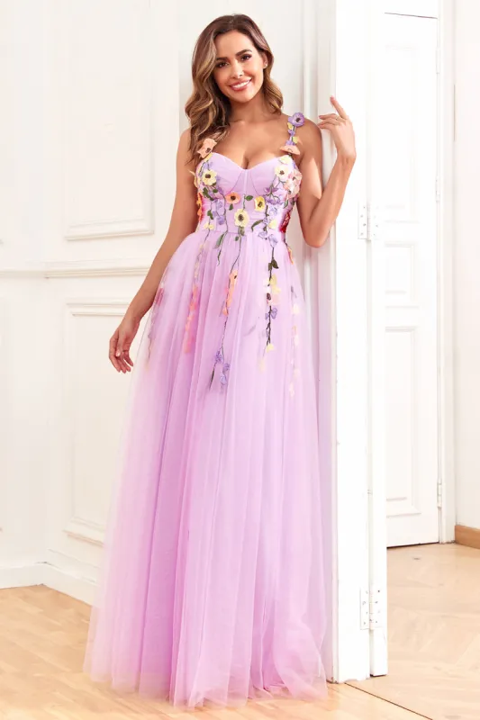 A Line Spaghetti Straps Purple Long Prom Dress with 3D Flowers sold by Zapaka