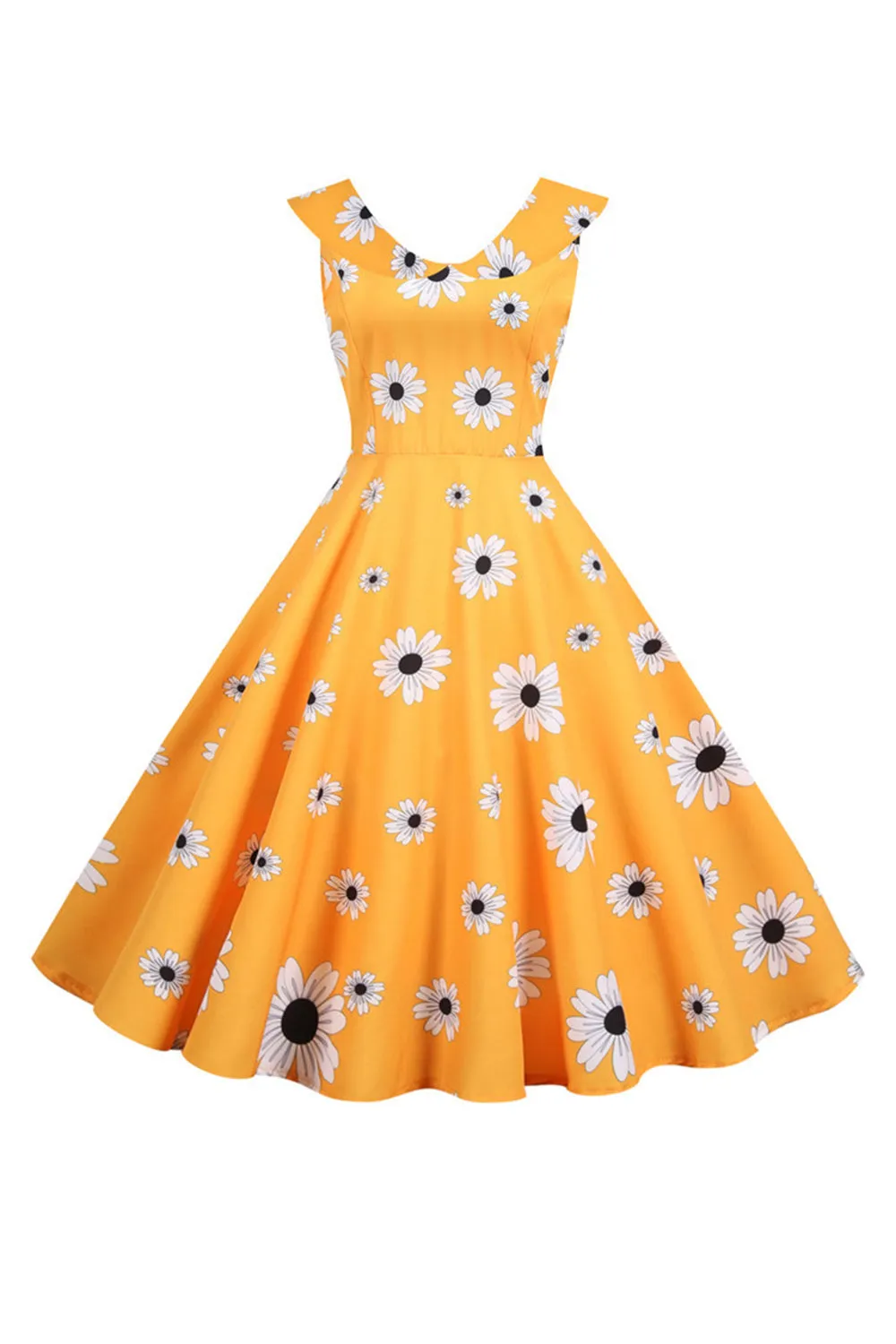 Sleeveless Printed Yellow 1950s Dress sold by Zapaka