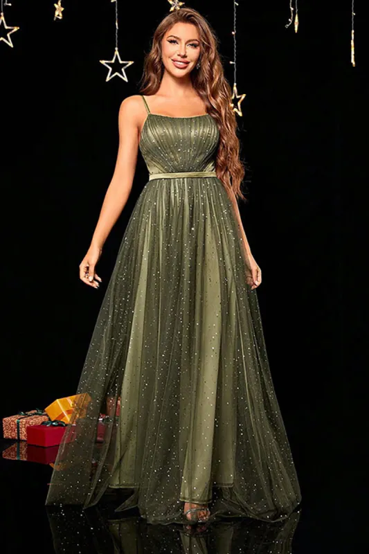 Sparkly A-Line Spaghetti Straps Army Green Formal Dress sold by Zapaka