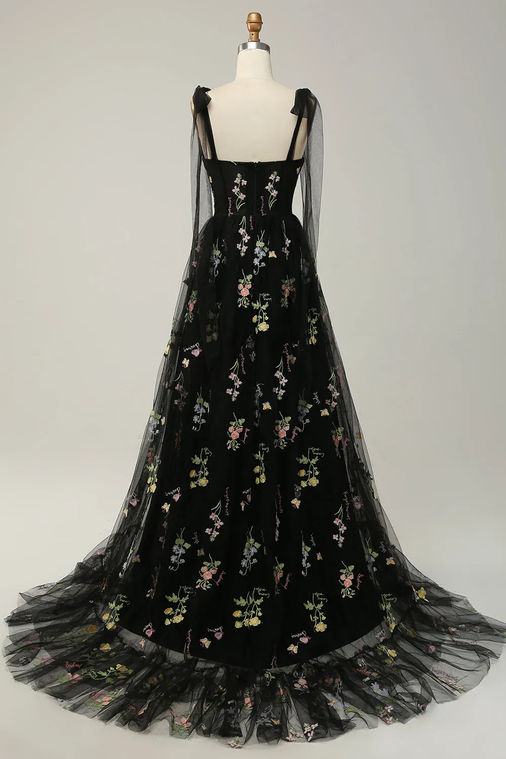 A Line Spaghetti Straps Black Corset Prom Dress with Embroidery sold by Zapaka product image thumbnail 2