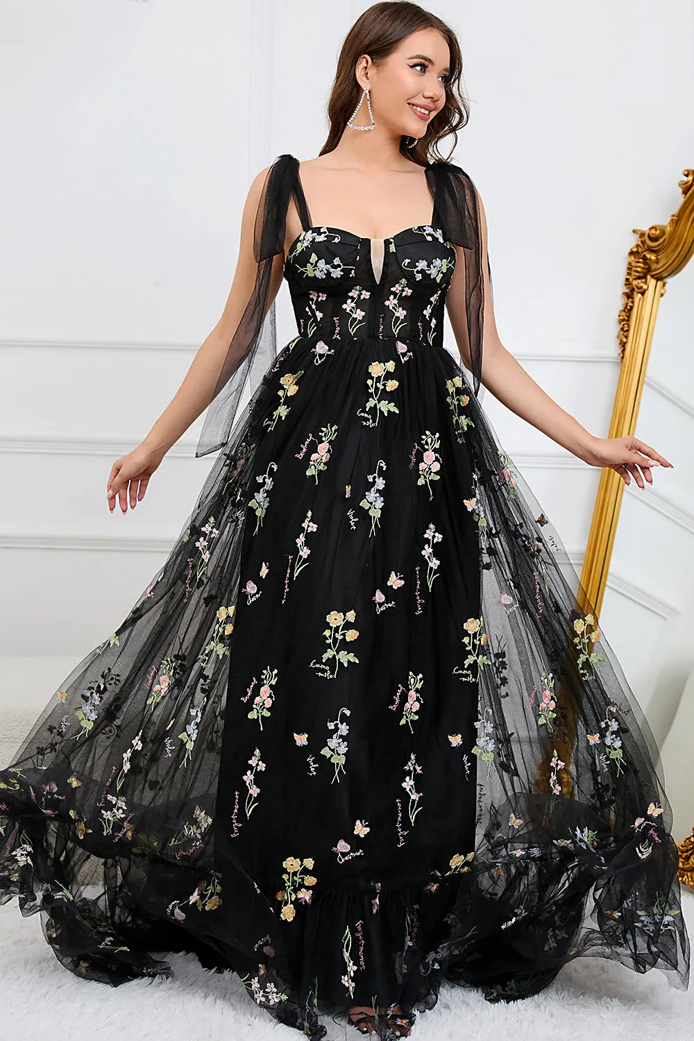 A Line Spaghetti Straps Black Corset Prom Dress with Embroidery sold by Zapaka product image thumbnail 5