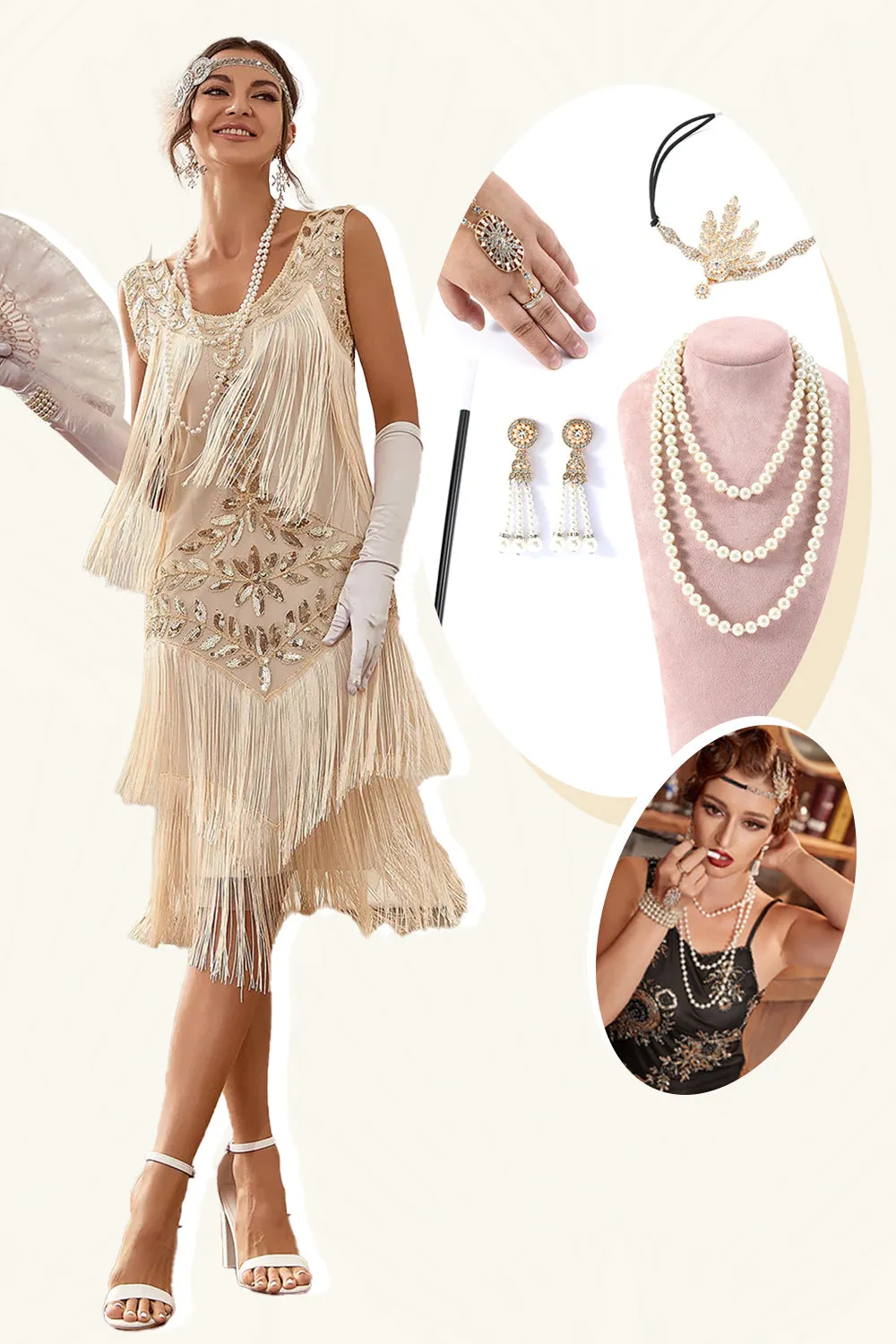 Champagne Sequins Fringes 1920s Gatsby Dress with 20s Accessories Set sold by Zapaka
