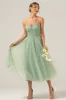 A-Line Tea-Length Corset Tulle Matcha Bridesmaid Dress sold by Zapaka
