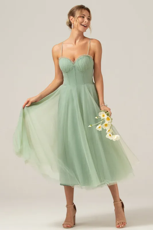 A-Line Tea-Length Corset Tulle Matcha Bridesmaid Dress sold by Zapaka