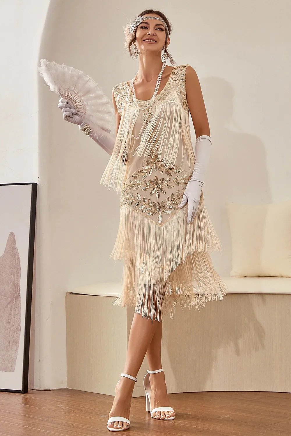 Champagne Sequins Fringes 1920s Gatsby Dress with 20s Accessories Set sold by Zapaka product image thumbnail 5