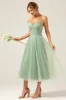 A-Line Tea-Length Corset Tulle Matcha Bridesmaid Dress sold by Zapaka