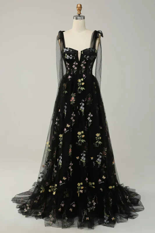 A Line Spaghetti Straps Black Corset Prom Dress with Embroidery sold by Zapaka