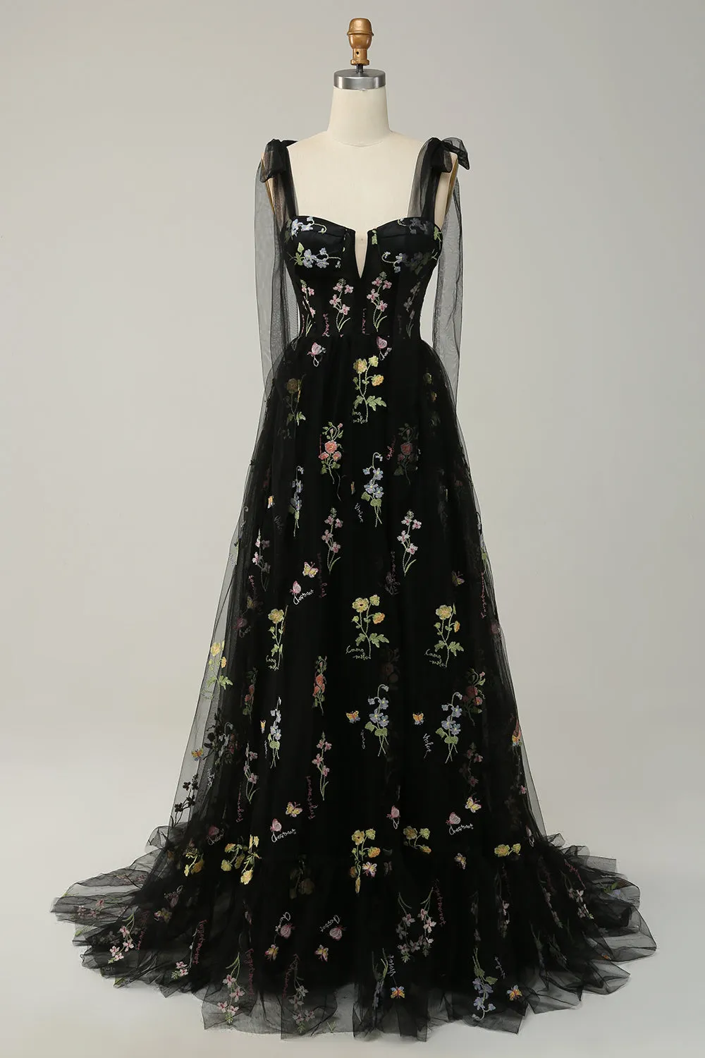 A Line Spaghetti Straps Black Corset Prom Dress with Embroidery sold by Zapaka