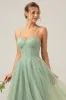 A-Line Tea-Length Corset Tulle Matcha Bridesmaid Dress sold by Zapaka