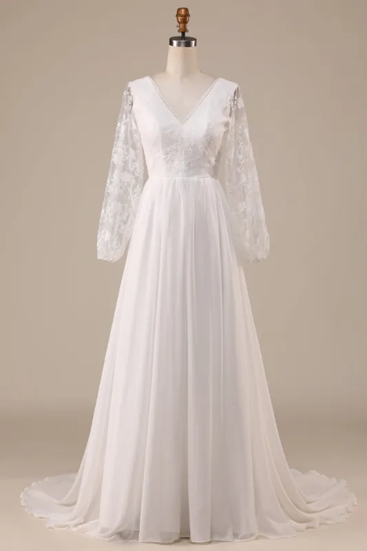 Ivory Chiffon Sweep Train Boho Wedding Dress with Lace sold by Zapaka