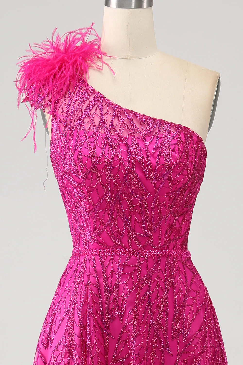 Fuchsia A-Line One Shoulder Feather Sequin Long Prom Dress With Slit sold by Zapaka product image thumbnail 4