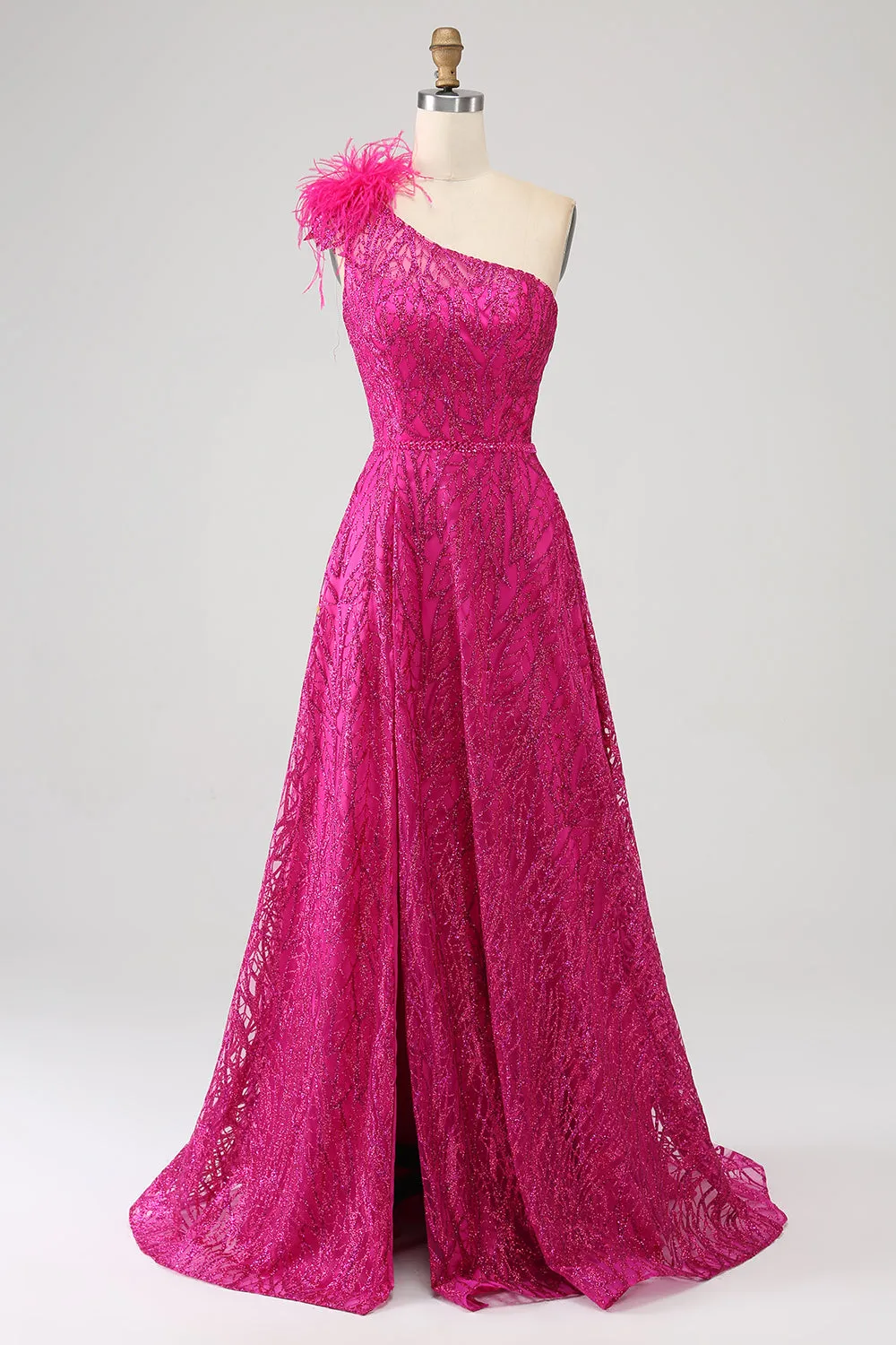 Fuchsia A-Line One Shoulder Feather Sequin Long Prom Dress With Slit sold by Zapaka