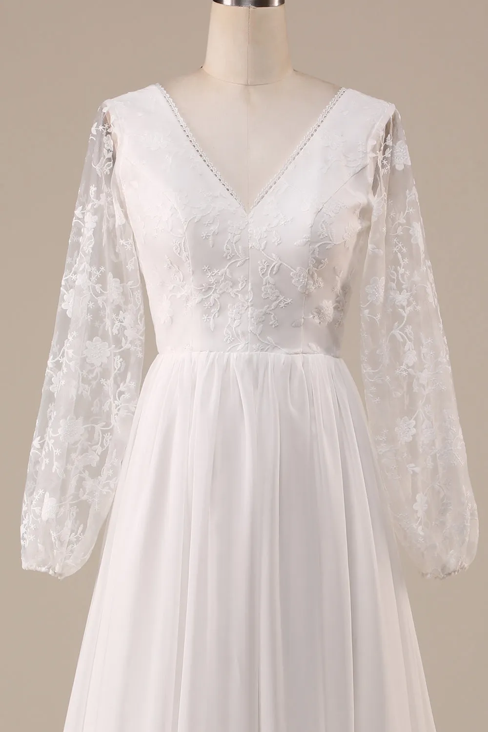 Ivory Chiffon Sweep Train Boho Wedding Dress with Lace sold by Zapaka product image thumbnail 4