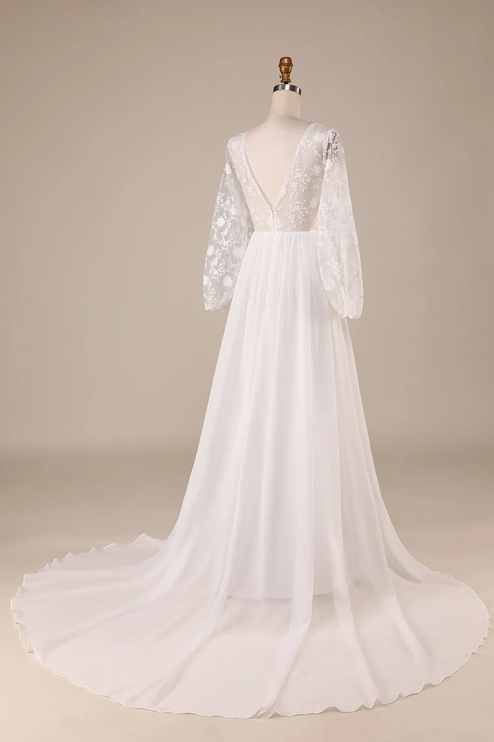 Ivory Chiffon Sweep Train Boho Wedding Dress with Lace sold by Zapaka product image thumbnail 2