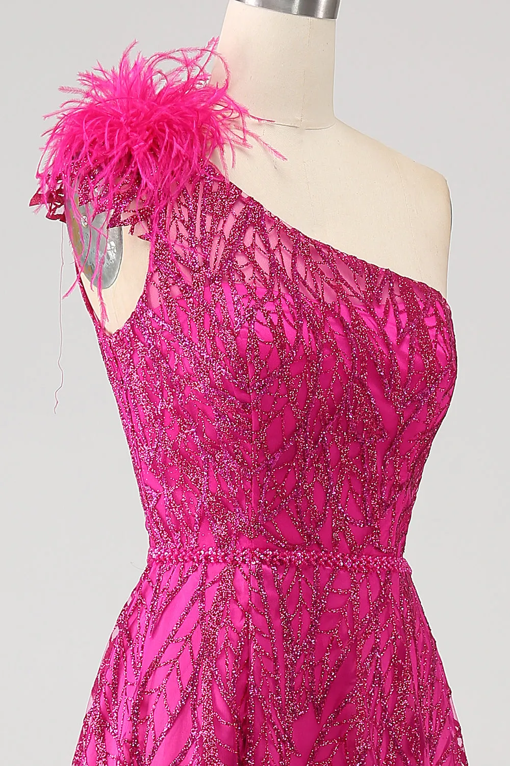 Fuchsia A-Line One Shoulder Feather Sequin Long Prom Dress With Slit sold by Zapaka product image thumbnail 5