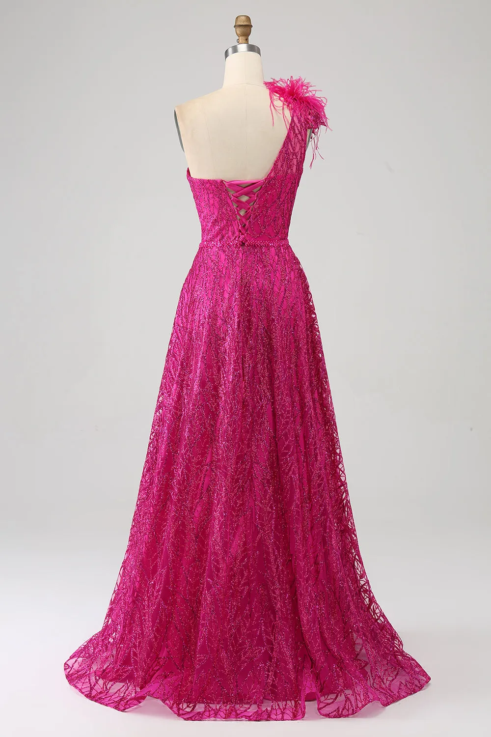 Fuchsia A-Line One Shoulder Feather Sequin Long Prom Dress With Slit sold by Zapaka product image thumbnail 2