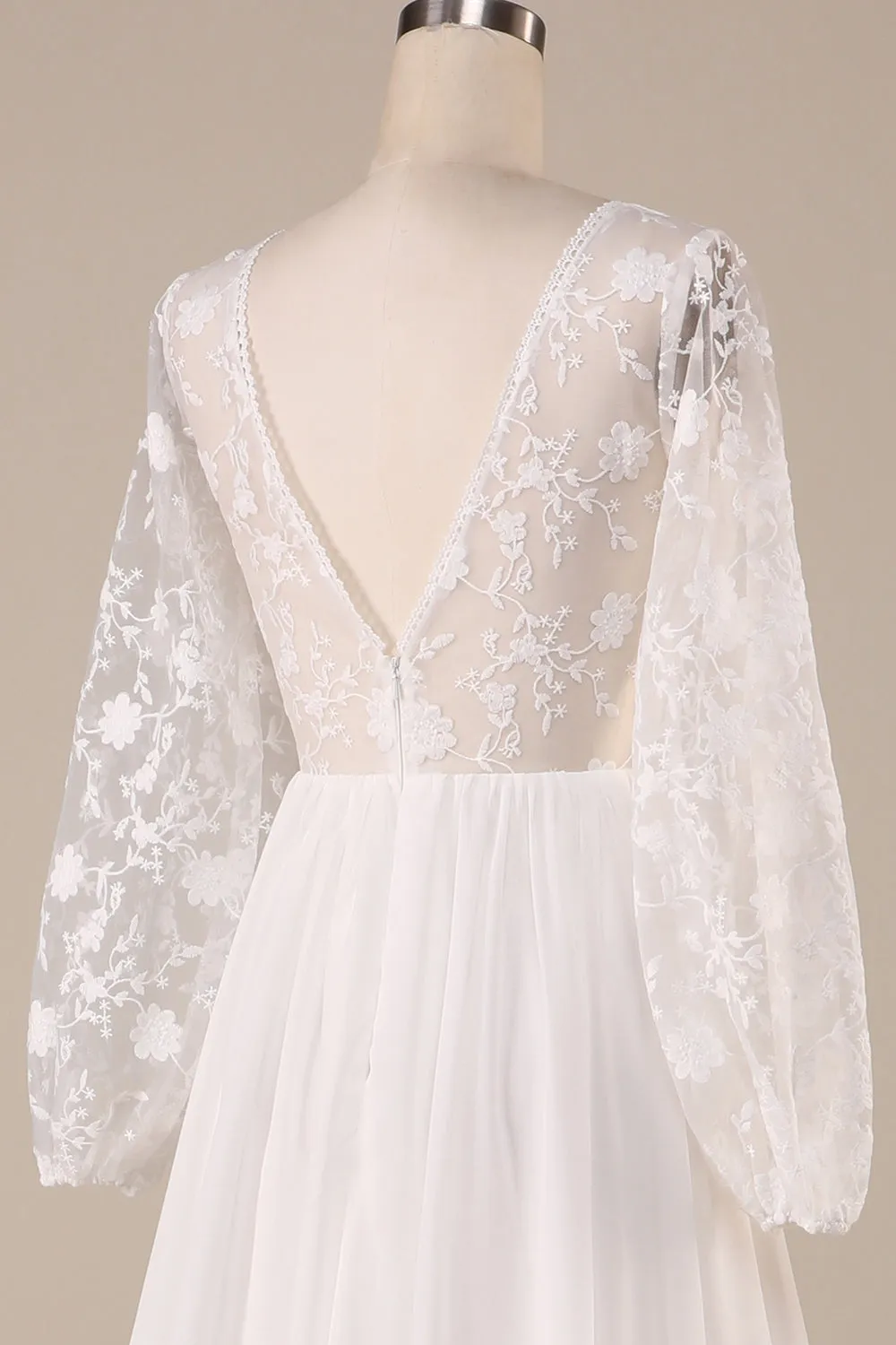 Ivory Chiffon Sweep Train Boho Wedding Dress with Lace sold by Zapaka product image thumbnail 5